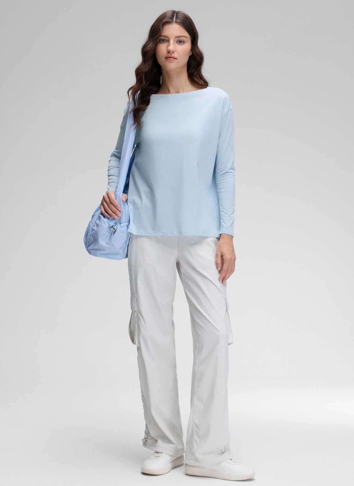 חולצת אימון ארוכה Pima Cotton פתח סירה - Blue Linen