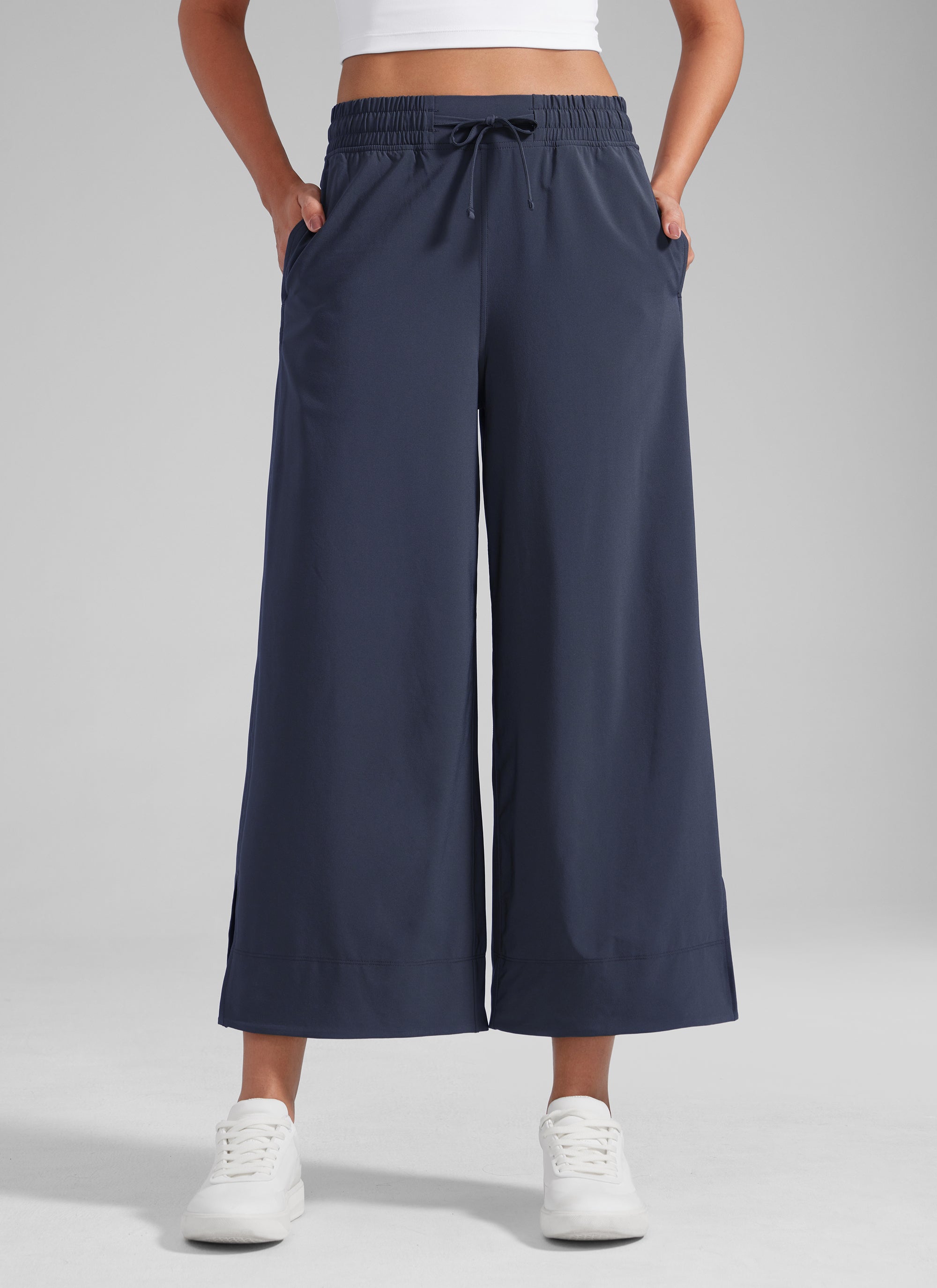 מכנס קל-נוצה Wide Leg עם כיסים 25" - נייבי