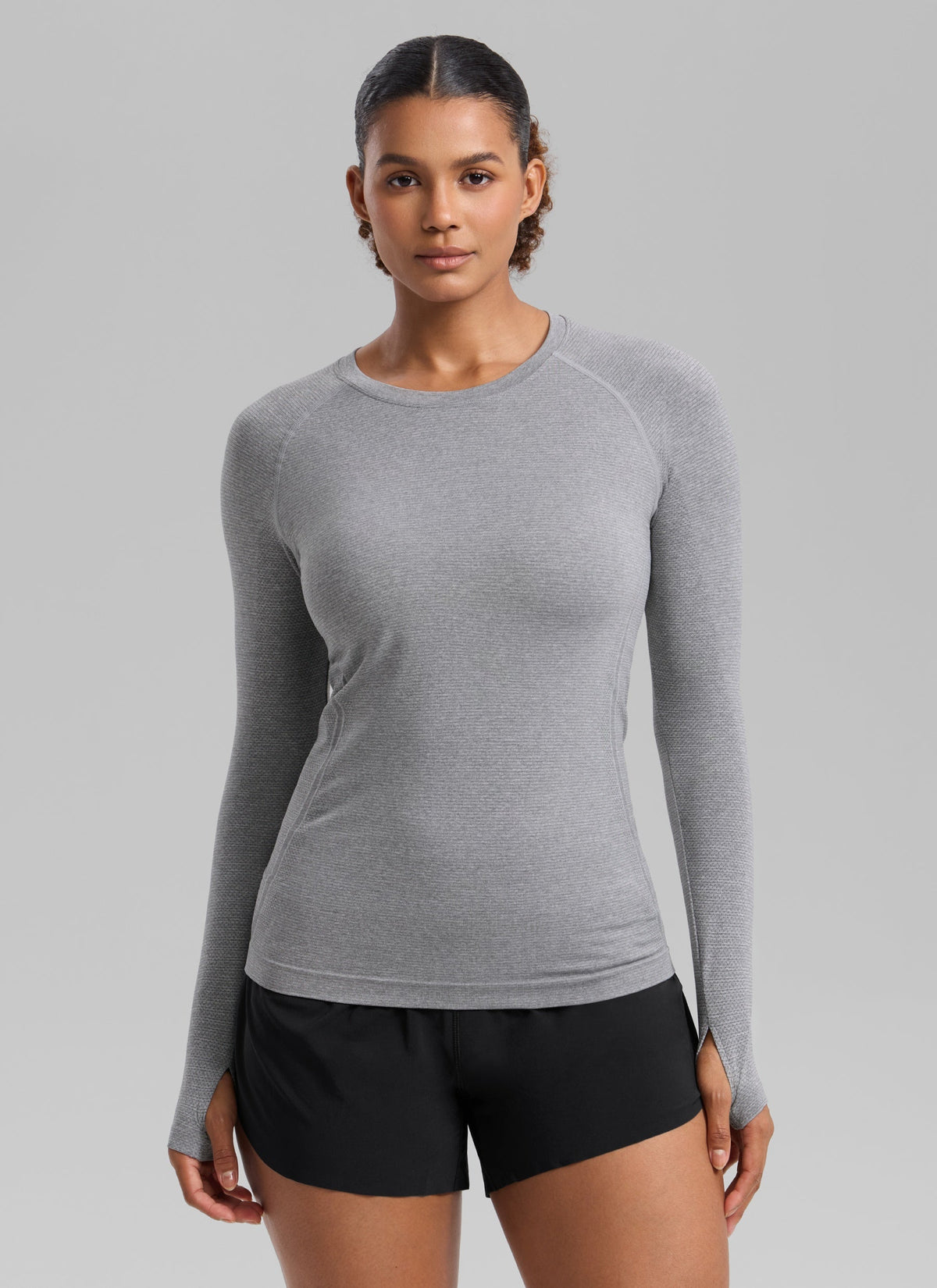 חולצת Seamless ארוכה צמודה עם שרוולי רגלן - Slate Grey Marl