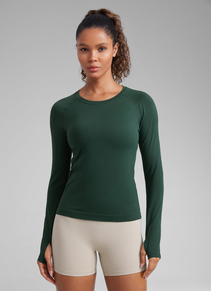 חולצת Seamless ארוכה צמודה באורך מותן - Legend Green