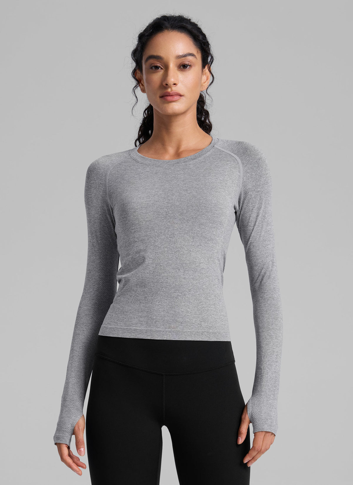 חולצת Seamless ארוכה צמודה באורך מותן - Slate Grey Marl