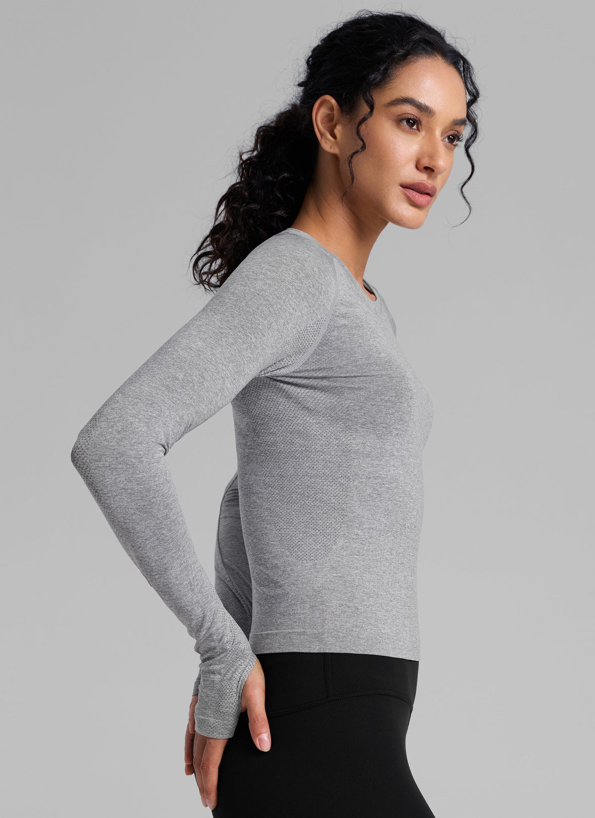 חולצת Seamless ארוכה צמודה באורך מותן - Slate Grey Marl