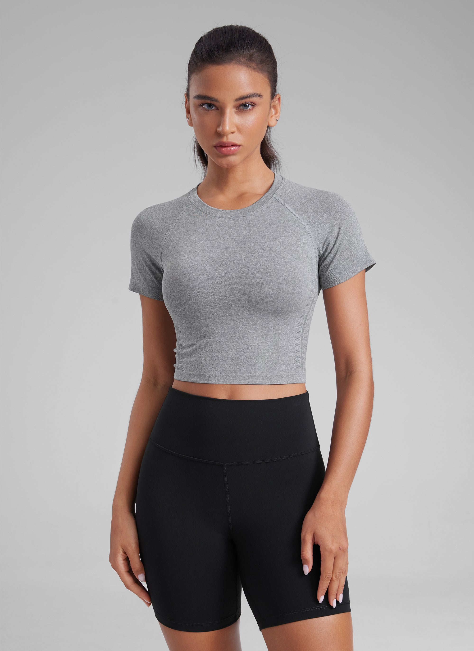 חולצת קרופ קצרה Seamless Crew Neck - Slate Grey Marl