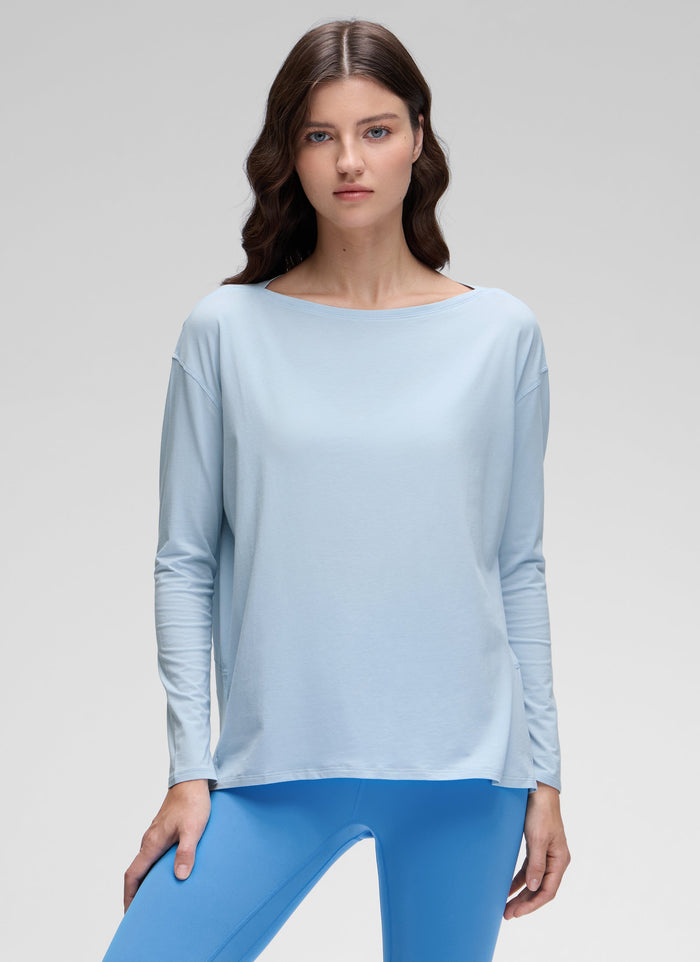 חולצת אימון ארוכה Pima Cotton פתח סירה - Blue Linen
