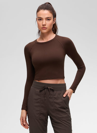 חולצת קרופ Brushed Feeling ארוכה עם שרוולי רגלן - Lava Brown