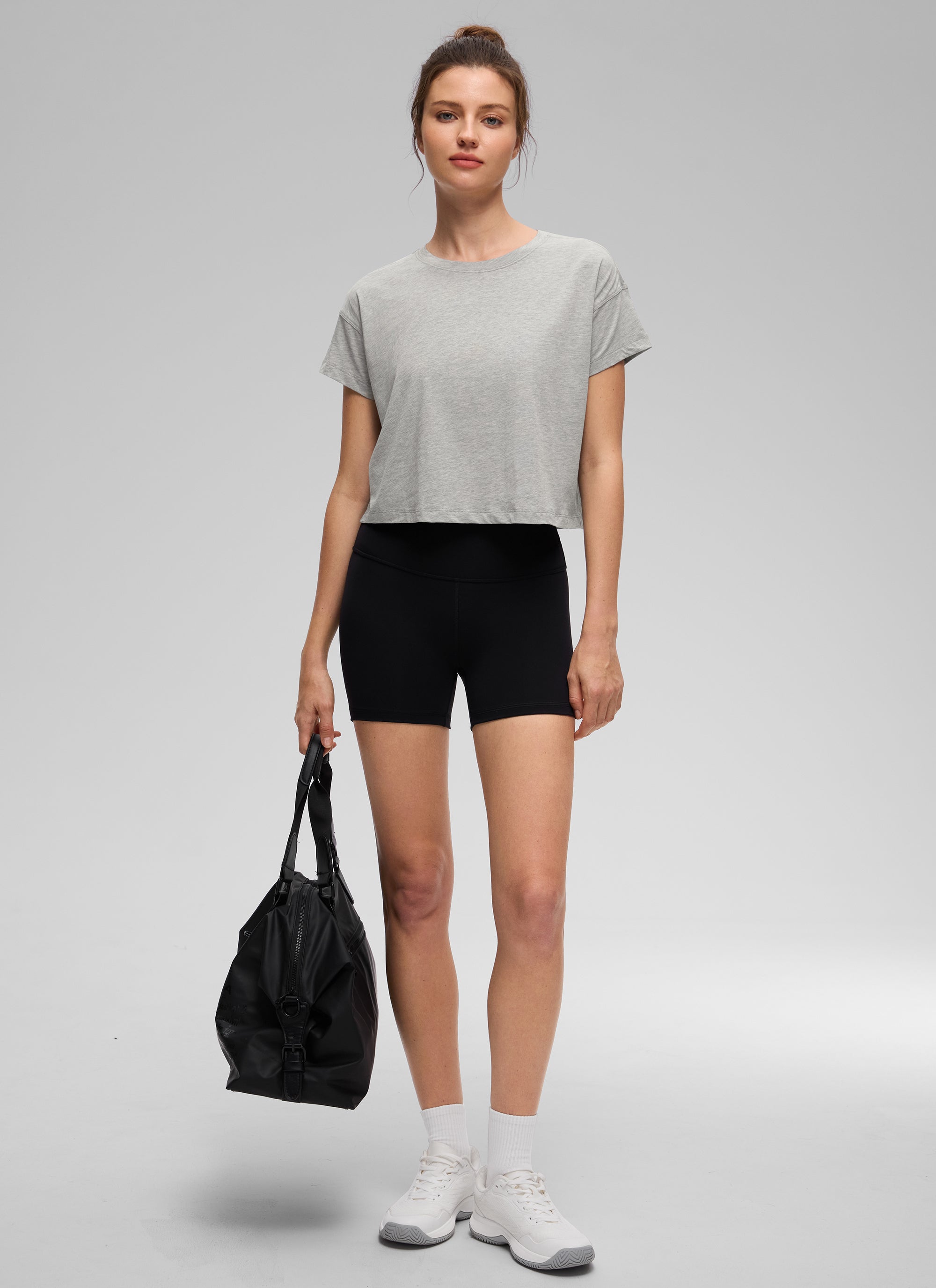 חולצת קרופ Pima Cotton Crew Neck - Heathered Medium Grey