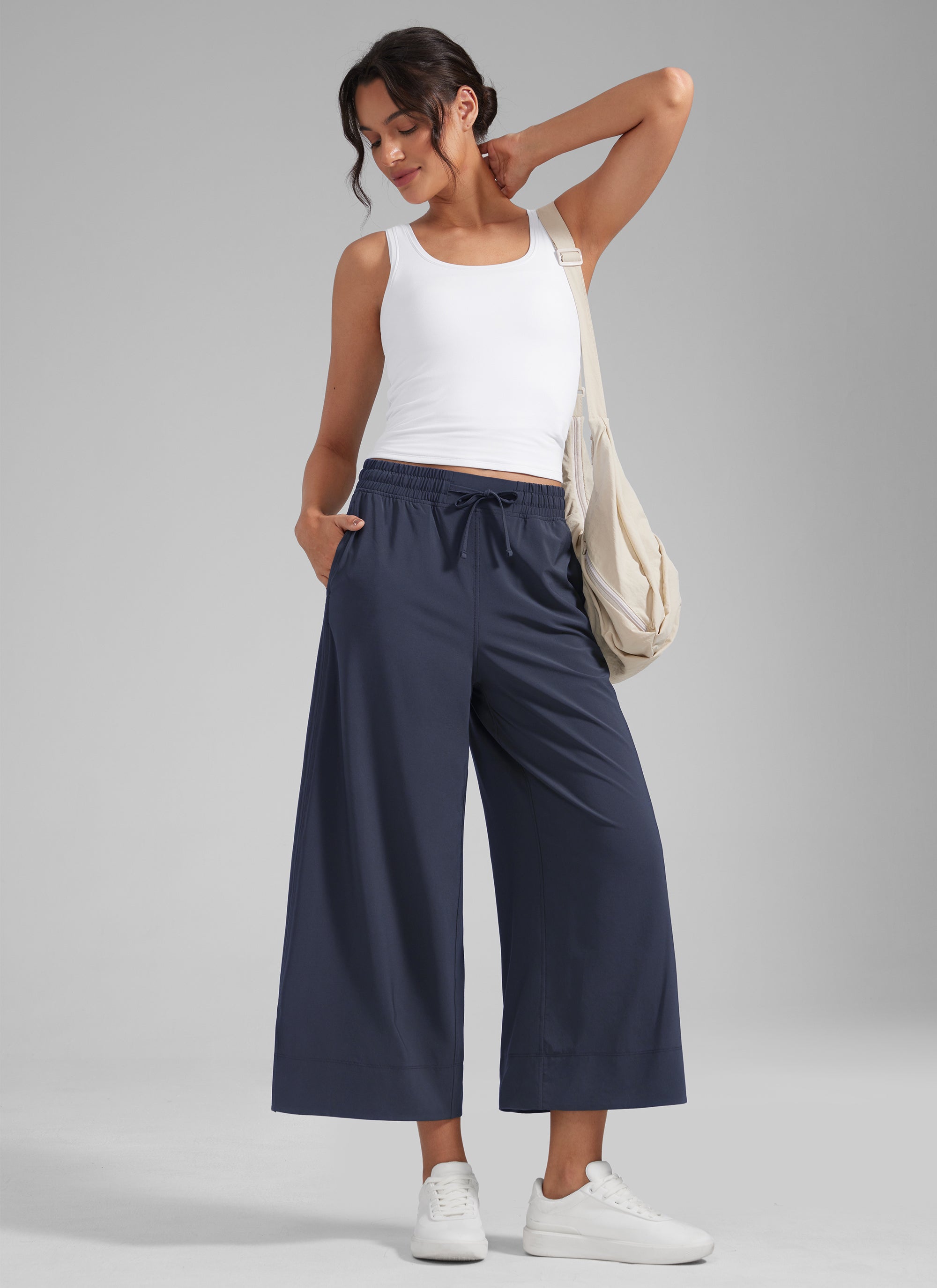 מכנס קל-נוצה Wide Leg עם כיסים 25" - נייבי