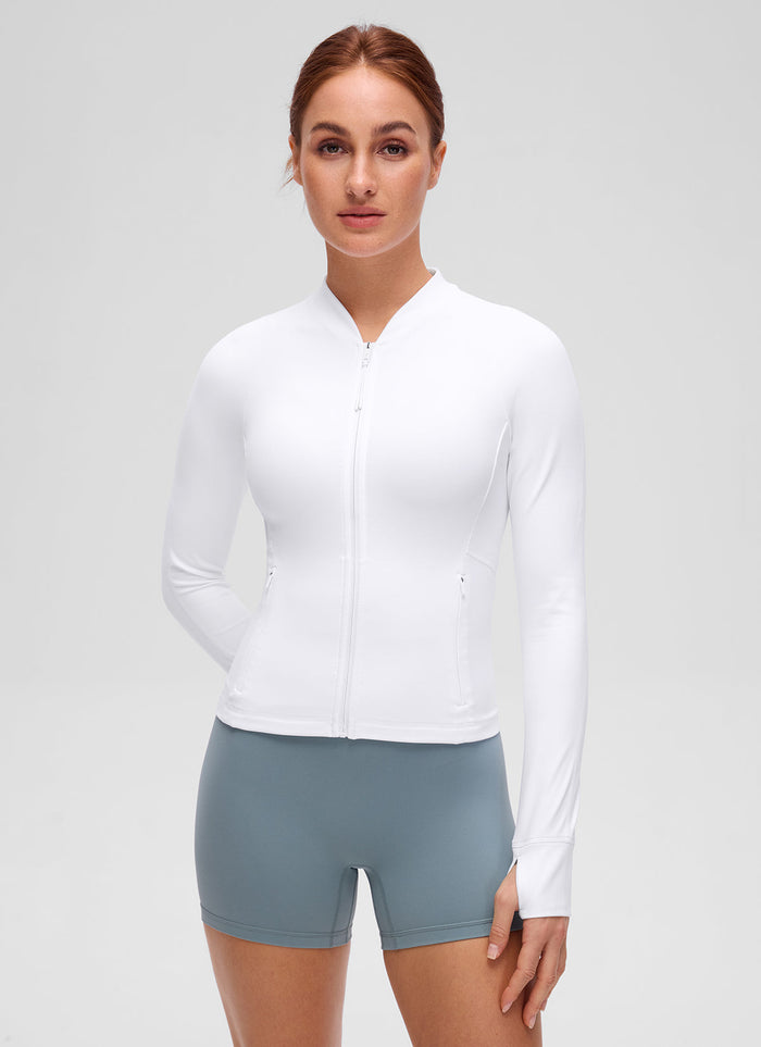 ג'קט צווארון V עם כיסים Butterluxe Waist-Length - לבן
