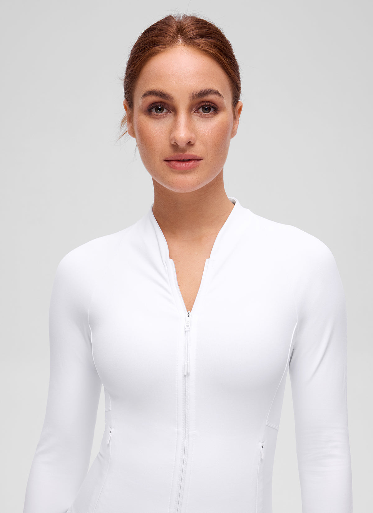 ג'קט צווארון V עם כיסים Butterluxe Waist-Length - לבן