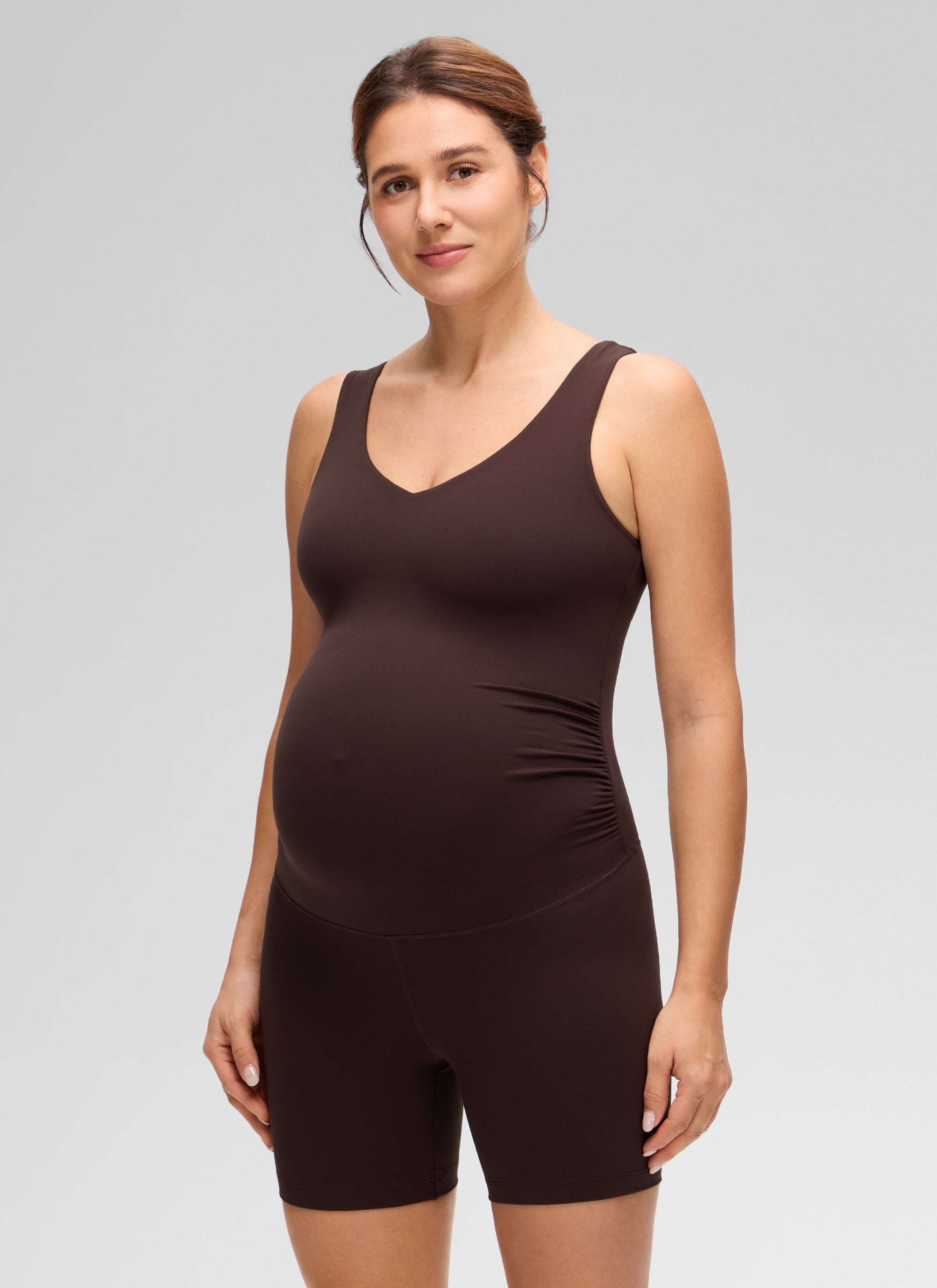 אוברול הריון קצר 5" Butterluxe V Neck Rompers - Hot Fudge Brown