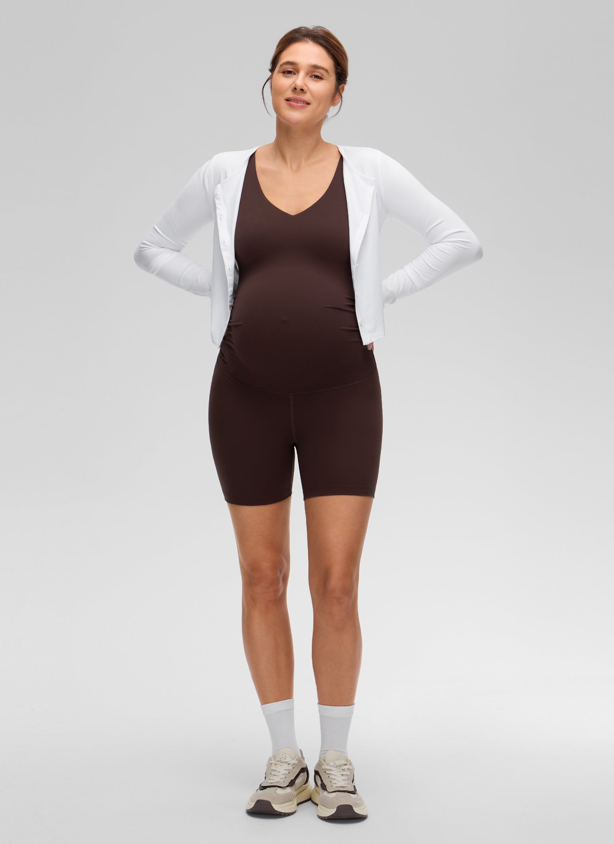 אוברול הריון קצר 5" Butterluxe V Neck Rompers - Hot Fudge Brown